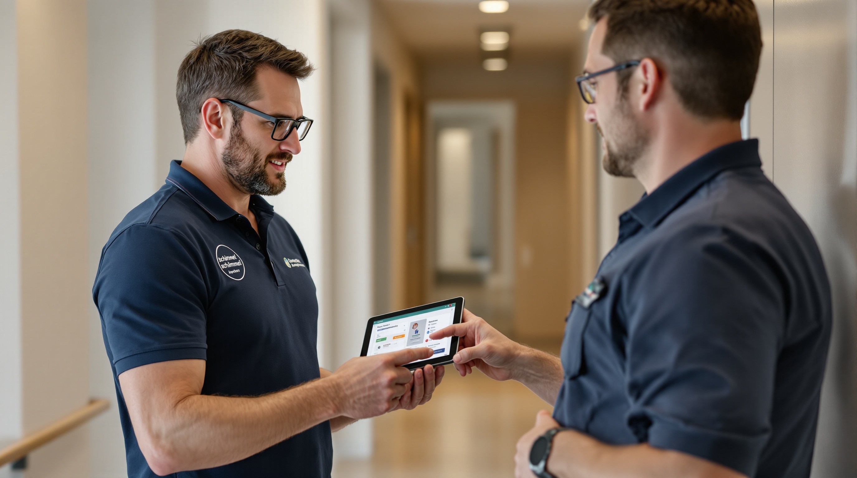 Marko Keßling demonstriert einer Hausverwaltung die digitale Schimmelmeldung über SchimmelCheck Pro Schimmelsachverständiger erklärt Hausverwaltung digitalen Schimmelmeldungsprozess auf Tablet